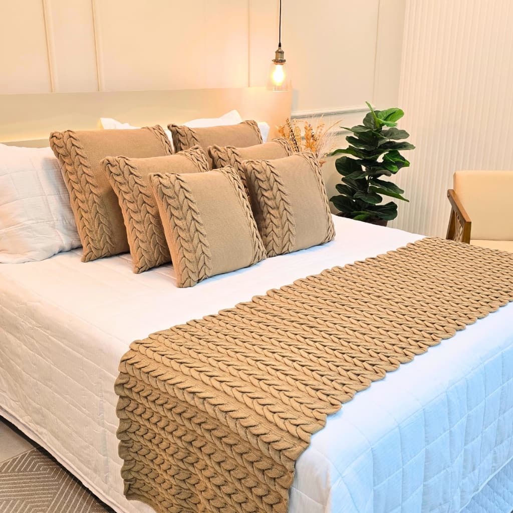 Kit Peseira Manta Tricot Sofá Cama Casal Queen King Aconchego Home Decor ​+ 2 Capas Almofadas