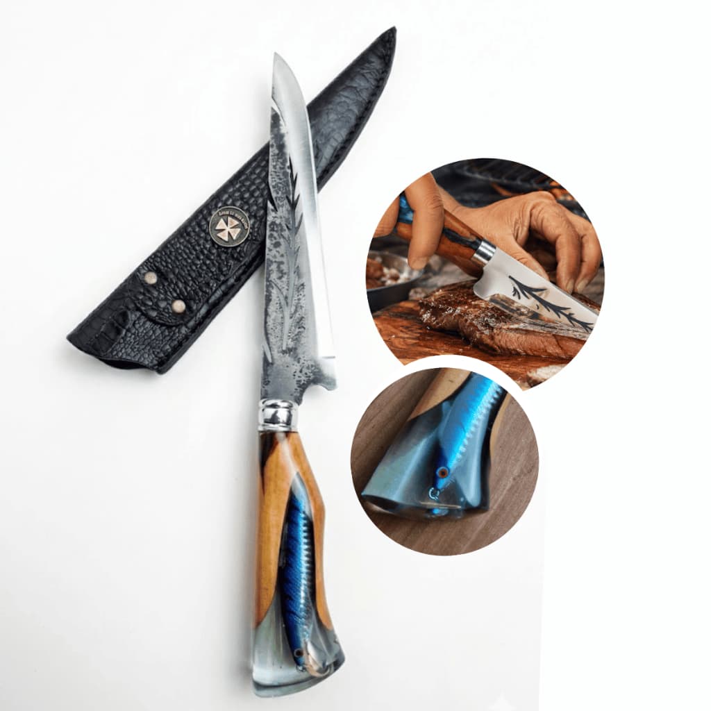 Faca Artesanal Churrasco Aço Carbono 9” Folha – Cabo com Isca Artificial Pesca
