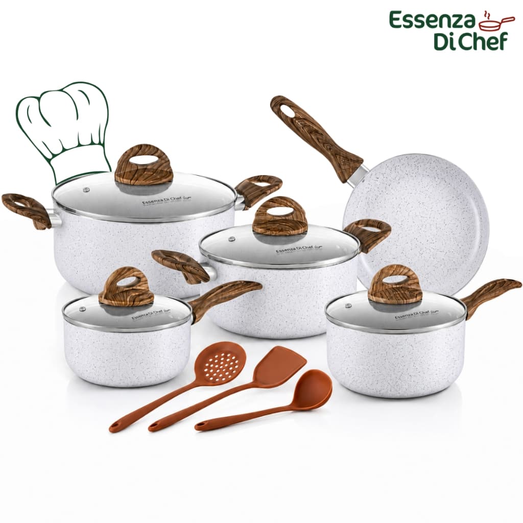 Jogo de Panelas 08 Peças Cerâmica Todos os Fogões Indução  a Gás Conjunto Linea Essenza Di Chef Kit Panela Cozinha