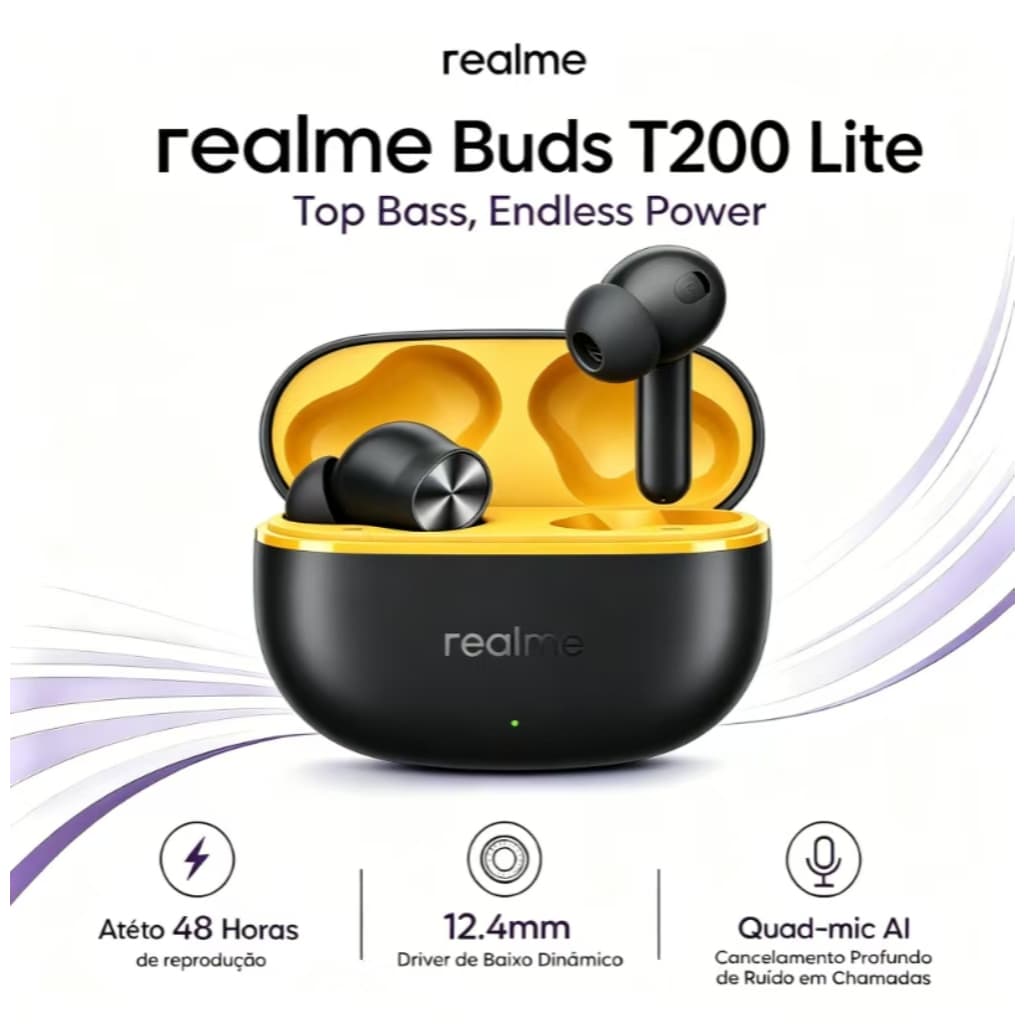 Realme T200 Lite–Fone Sem Fio Bluetooth 5.4, Fone De Ouvido, IPX4 Prova D'Água, 45h de Bateria, Com Microfone Embutido