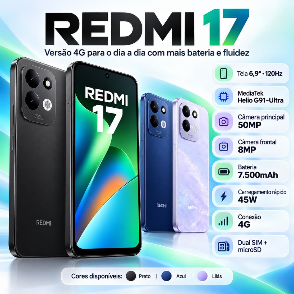 Smartphone Xiaomi Redmi 17 4G  Tela 6,9" 120Hz  Helio G91-Ultra Câmera 50MP  Bateria 7500mAh Dual SIM