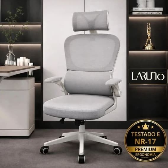 Cadeira de Escritório Ergonômica Cinza Giratória com Apoio Lombar e Braços Ajustáveis Laruno