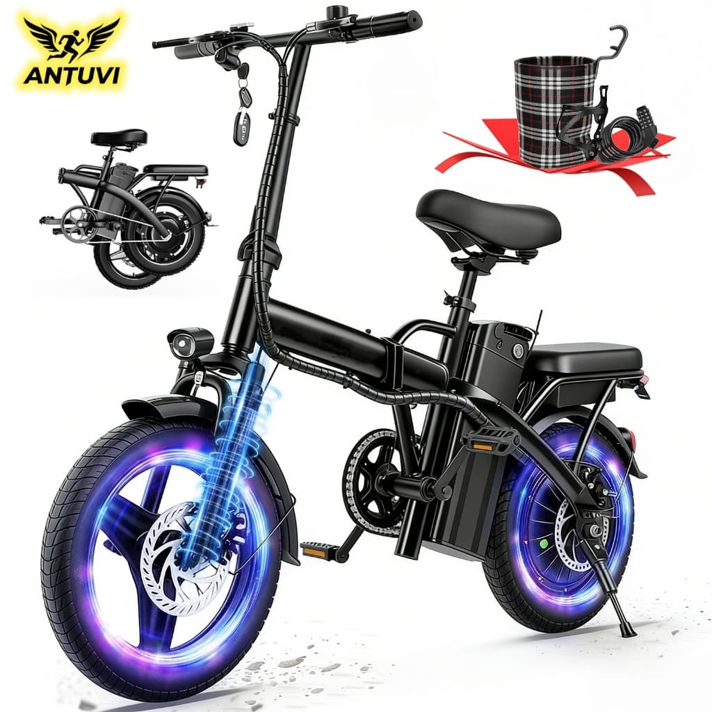 Bicicleta Elétrica Dobrável 14 Polegadas(S6), Bateria 48V 12Ah Removível, Freios a Disco Duplos e Suspensão Dianteira