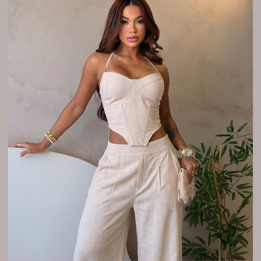 Conjunto Feminino Barbara Top Corset e CAlça Pantalona Casual  Boho Vazado / cortado Nó Bolso Férias Tecido Linho Fresco
