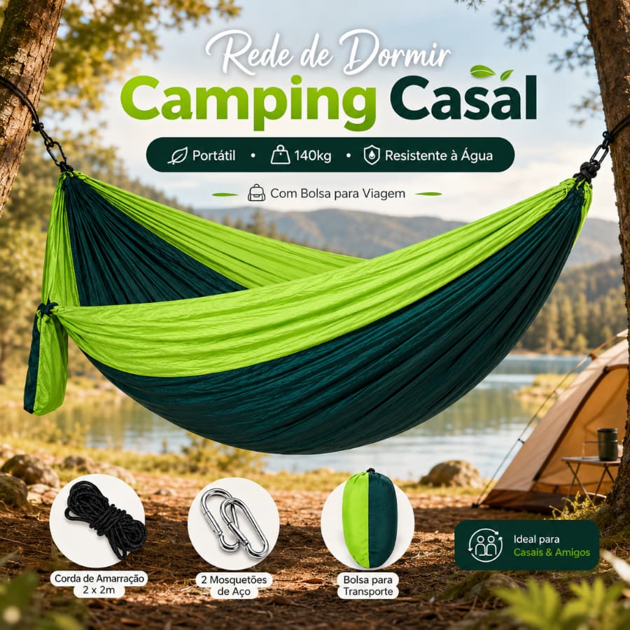 Rede de Dormir Casal para Camping Portátil até 140 kg com Bolsa Cordas e Mosquetões