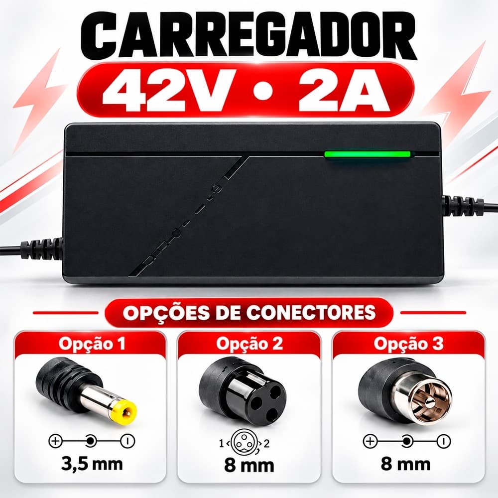 Carregador Universal para Patinete Eletrico Hoverboard Skate Scooter Moto Elétrica 42V 2A Bivolt