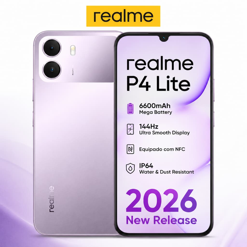 Celular realme P4 Lite Smartphone 4+256 GB 2ANOS E IA GARANTIA Original Versão Global Bateria 6550mAh Câmera 50MP NFC Te