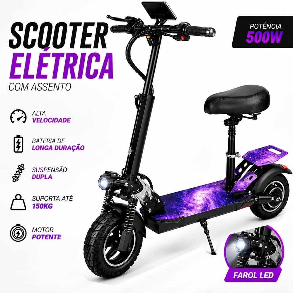 Patinete Elétrico 500W 10 Polegadas 40km/h 12.5Ah Scooter Adulto Autonomia 36km LED RGB
