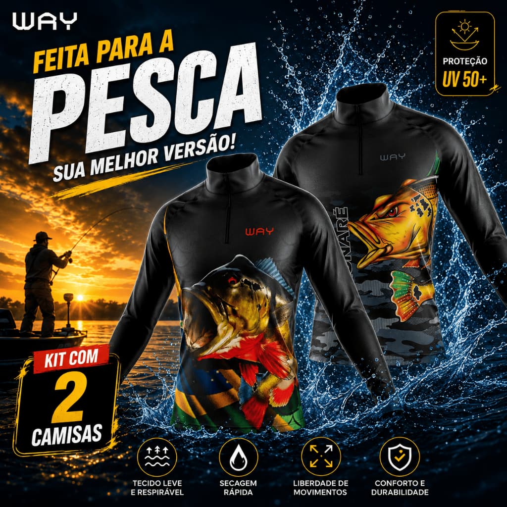 Kit 2 Camiseta de Pesca Manga Longa  Masculina Com Proteção Uv Térmica Camuflada