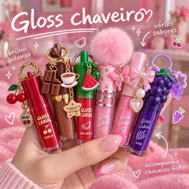 Kit 5 Gloss Chaveiros Hidratante Brilho Labial Variados