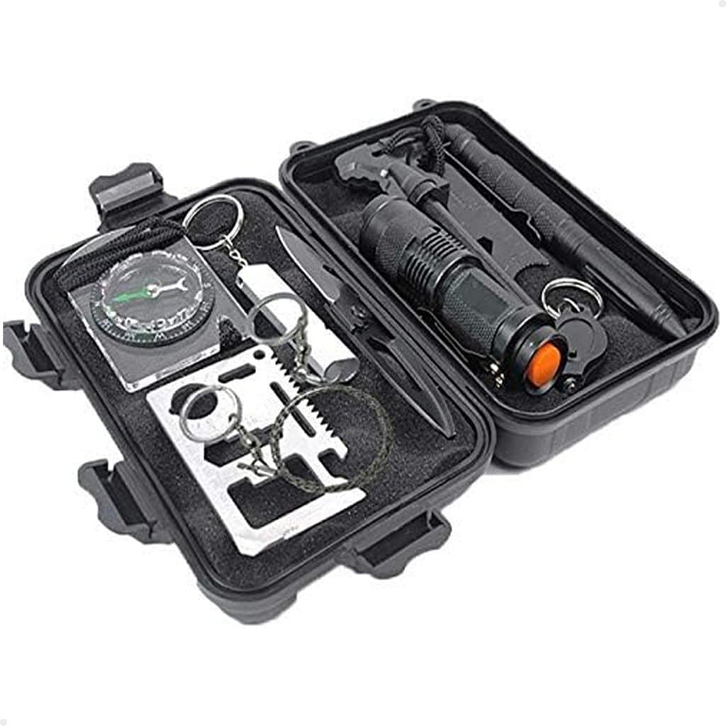 Kit Sobrevivência Completo 9 Itens Para Camping Pesca E Natureza Com Caneta Multiuso E Maleta