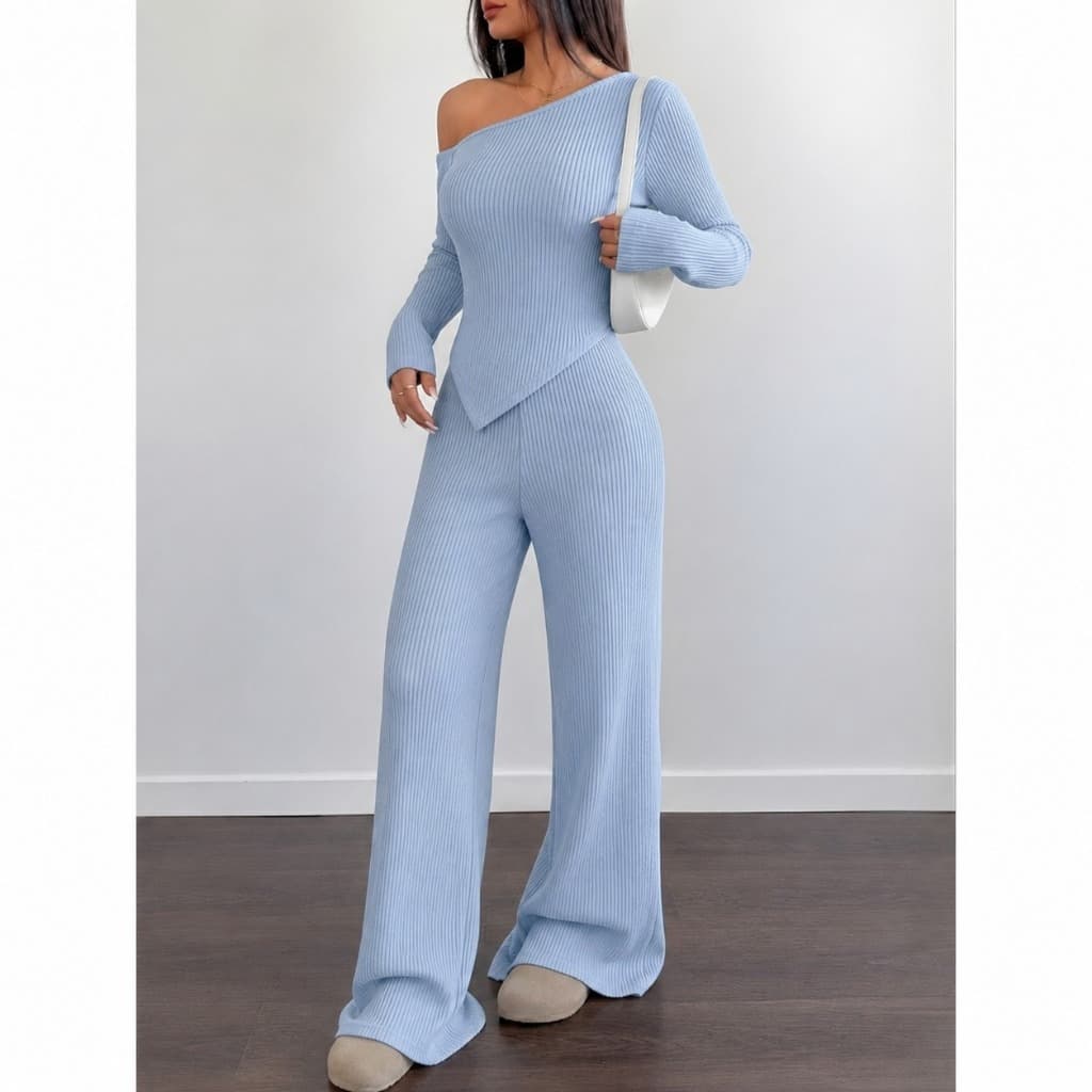Conjunto Mila Feminino Blusa Manga Longa Assimétrica +Calça Pantalona Soltinha Ribana Moda Inverno