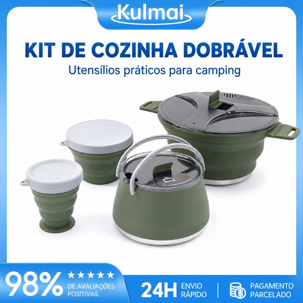 Conjunto Cozinha Camping Dobrável Silicone Panela Chaleira Copo 2.5L Portátil Para Trilhas Viagem E Ao Ar Livre