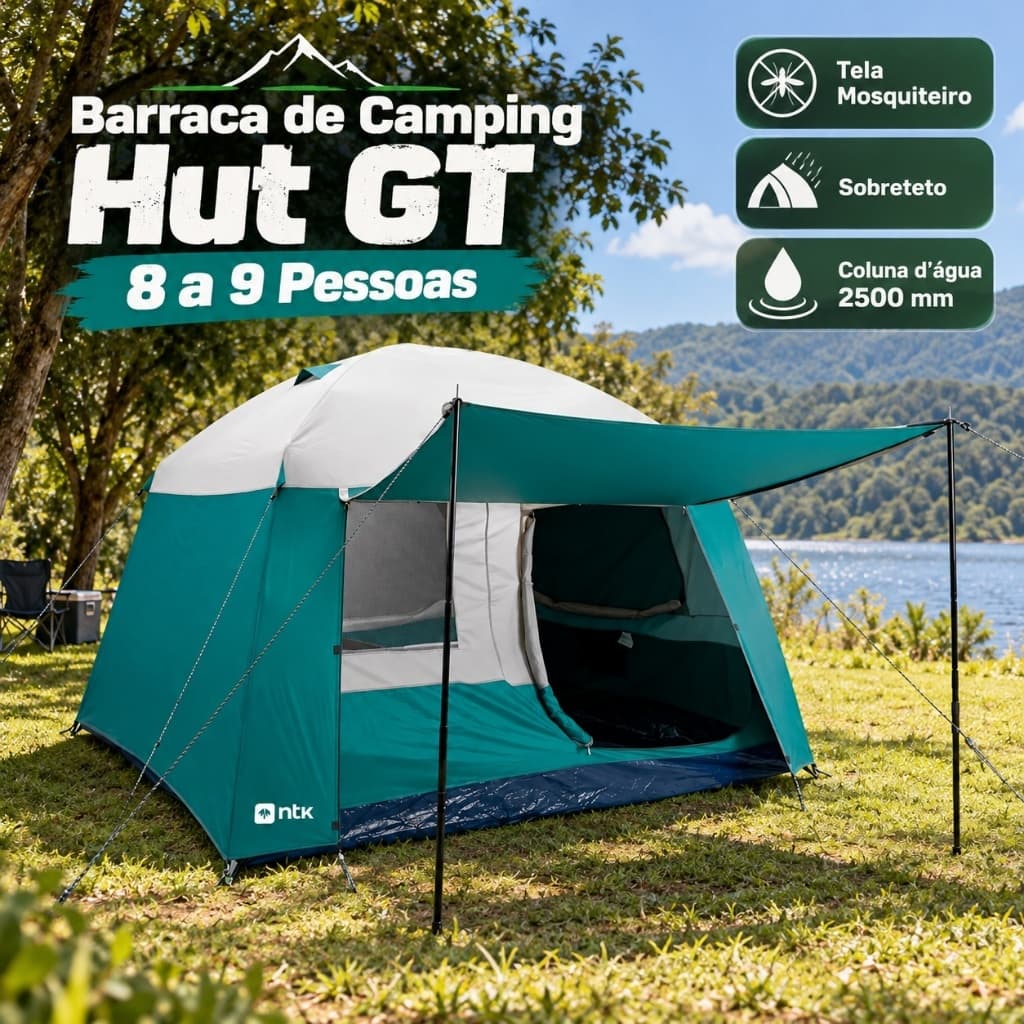 Barraca de Camping Hut GT 8 a 9 Pessoas com Tela Mosquiteiro e Sobreteto