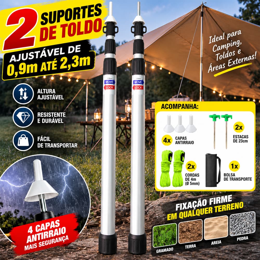 Kit 2 Hastes Telescópicas para Toldo e Lona 0,9–2,3m com Corda, Estacas e Bolsa