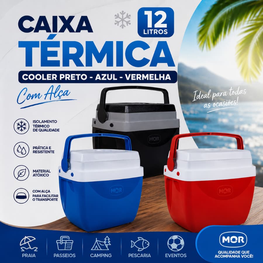 Caixa  Térmica Cooler Preto - Azul - Vermelha Com Alça 12 Litros Mor