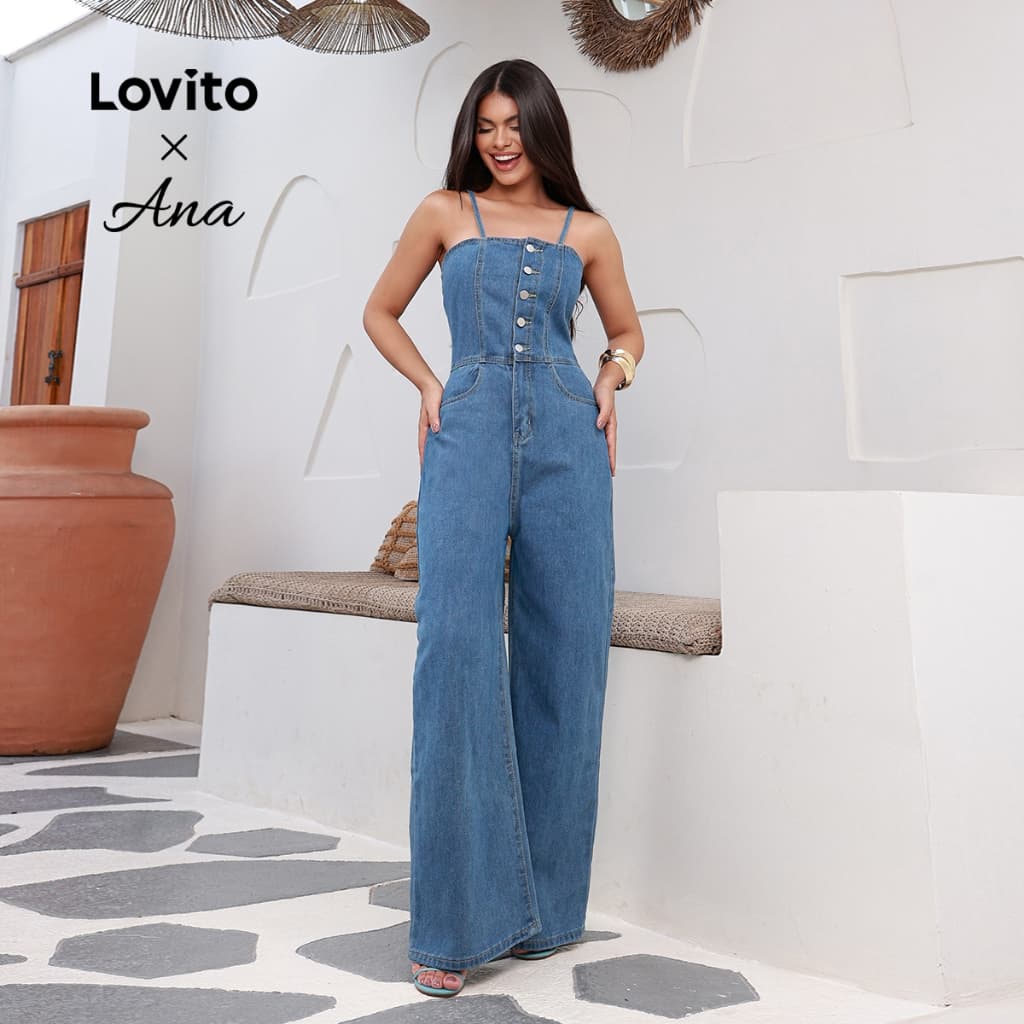 Lovito x Ana) Casual Macacão Feminino Liso Lavado com Bolso  e Botão Frontal LNE22047  (Multicolorido