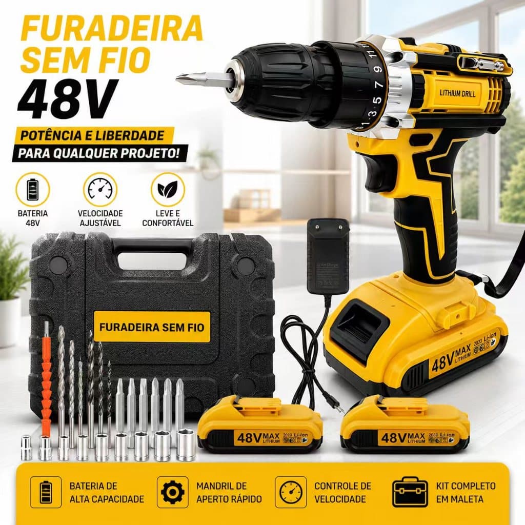 Parafusadeira Furadeira Sem Fio 48V Portátil - Bivolt, inclui 2 Baterias, Maleta de Transporte para Uso Doméstico