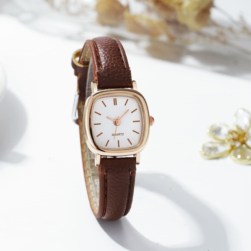 Relógio De Quartzo Com Mostrador Quadrado Para Mulheres – Pulseira De Couro De Rosto Pequeno Pulso Minimalista Presente