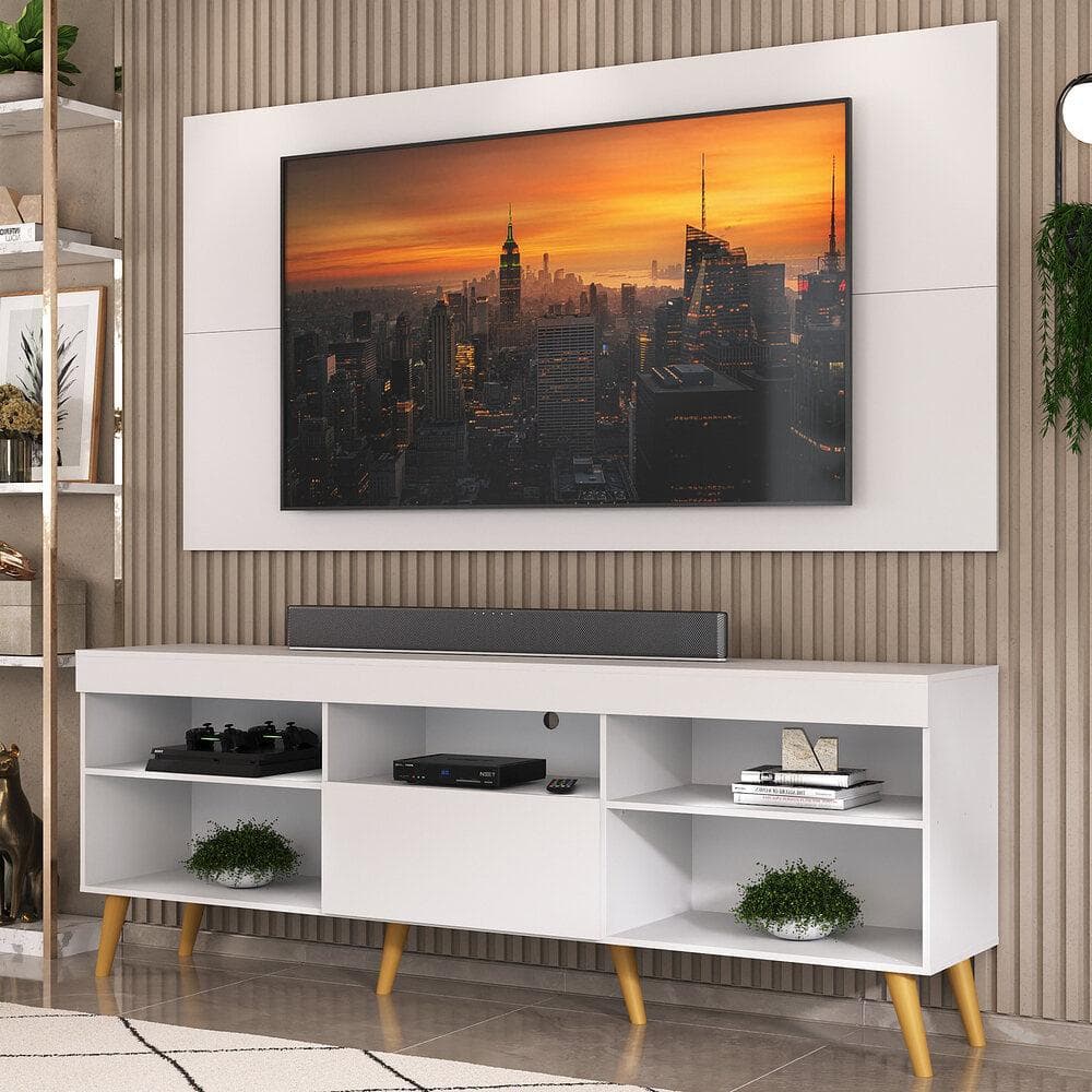 Rack com Painel TV  50" 55" 60" 65" Retrô Flórida Up Multimóveis MP1042 Branco/Natural