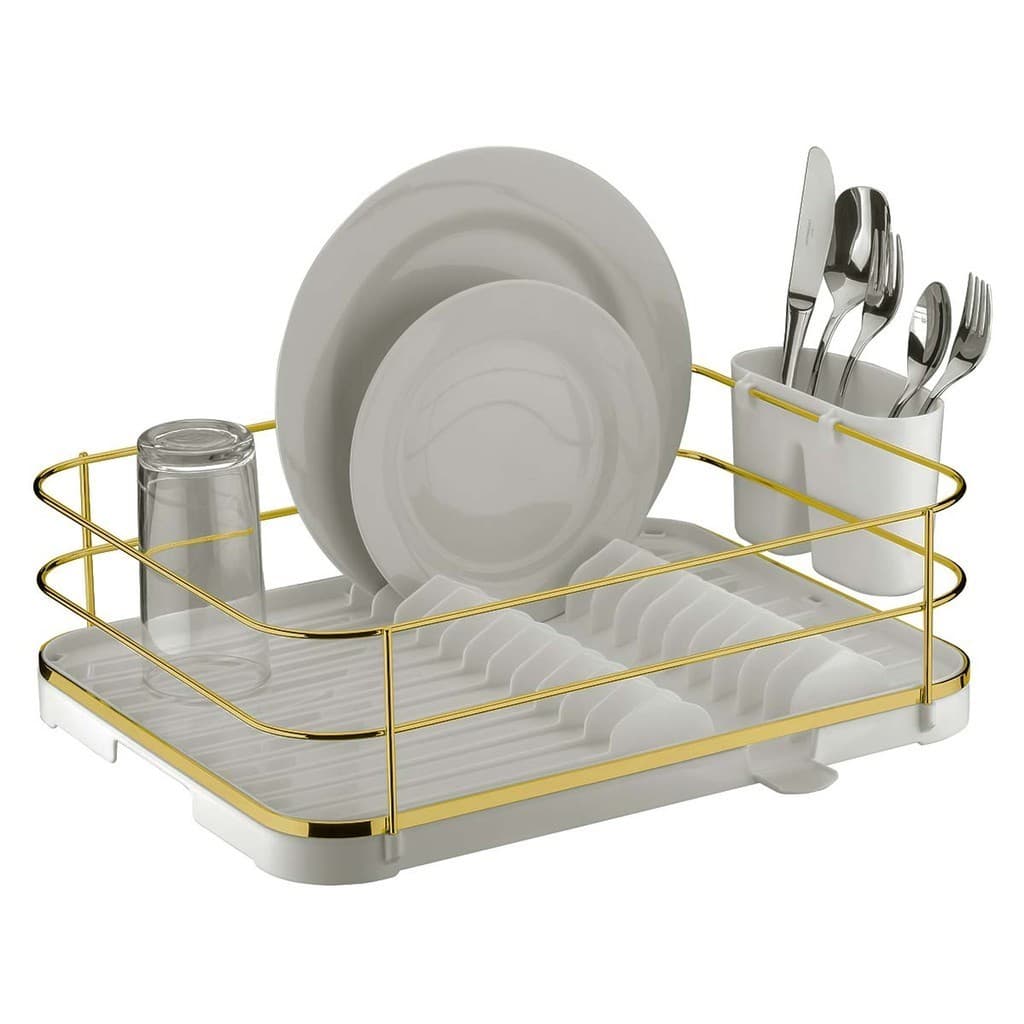Escorredor de Prato Bandeja Coletora Branco Dourado