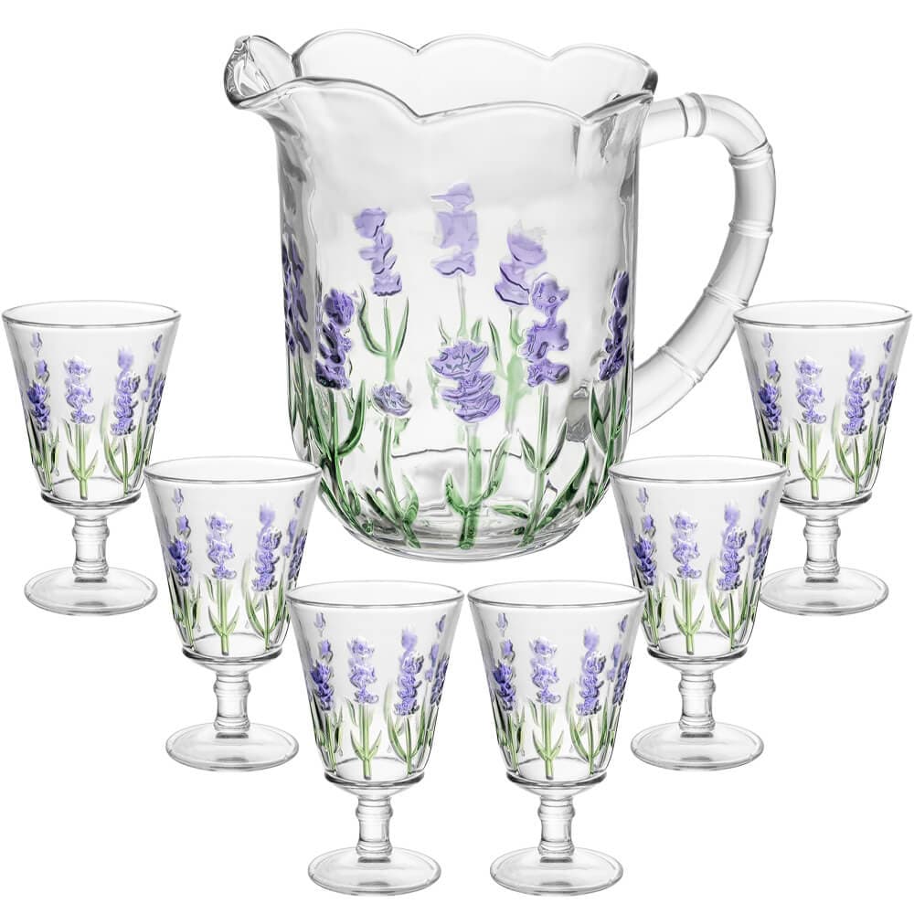 Jogo de Taças e Jarra de Cristal Lavanda Hand Painting 7 peças ​- Lyor