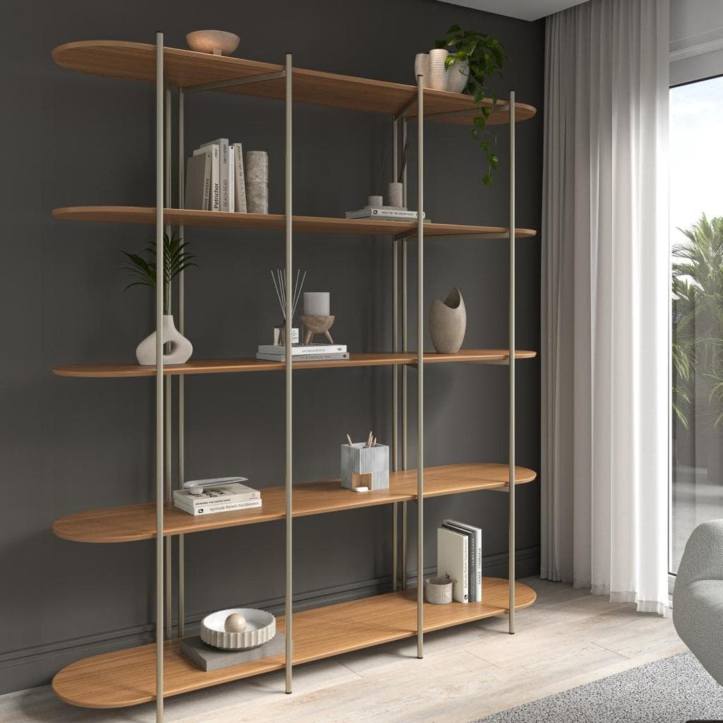 Estante 5 Prateleiras Aço Carbono com  MDF Enya 180 cm Canella com Champanhe