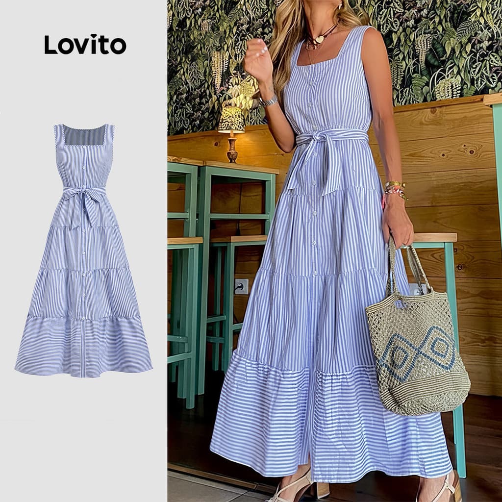 Lovito x Ana) Vestido Casual Feminino com Cinto e Estampa para a Primavera e O verão LBL34016