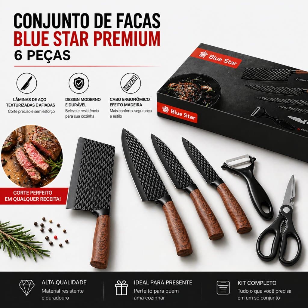 Kit de Facas em Inox  6 Peças Antiaderente com Cabo Reforçado