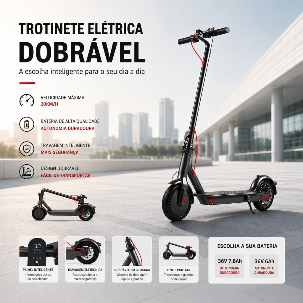 Patinete Elétrico Dobrável Adulto Portátil com Amplo e Otimizado Alcance Diário e Bateria de Longa Duração para Uso