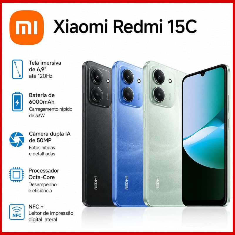 Novo) Câmera Xiaomi Redmi 15C preto 8GB+256GB RAM,4GB+128GB RAM