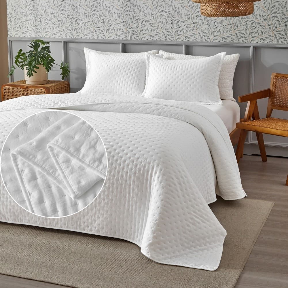 Kit  Colcha Cobre Leito 3 Peças 300 Fios Ponto Cruz Macio e Elegante