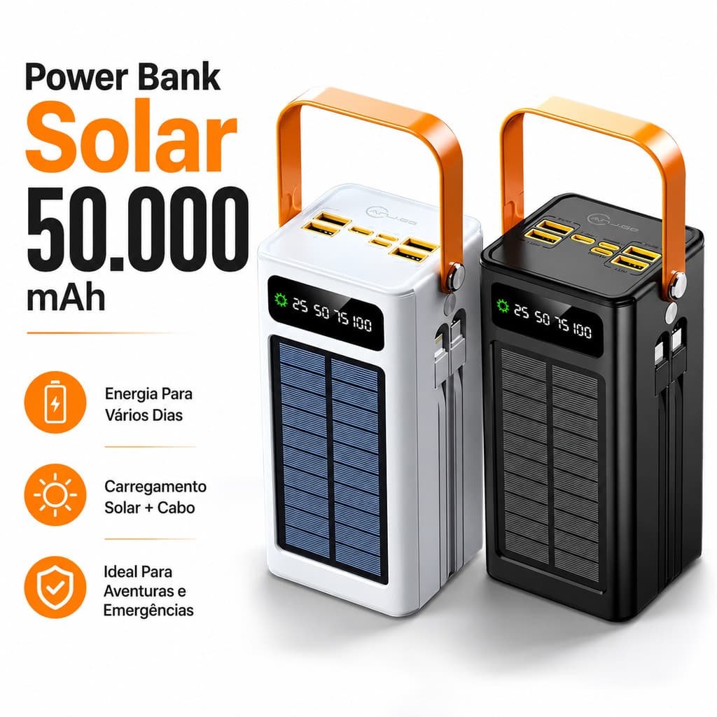 Power Bank Solar 50.000mAh com 4 USB + Carregamento Rápido