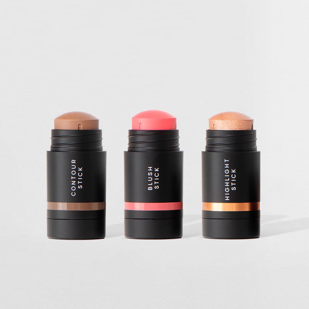 Kit Mini Contorno Bastão Marrom Médio+Mini Blush Bastão Rosa Claro + Mini Iluminador Bastão Océane Edition (3 Produtos