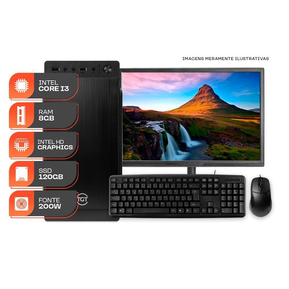 Computador Home Essential S, Intel Core i3, 8GB De Ram, SSD 120GB, Completo com Monitor e Periféricos + Caixa de som