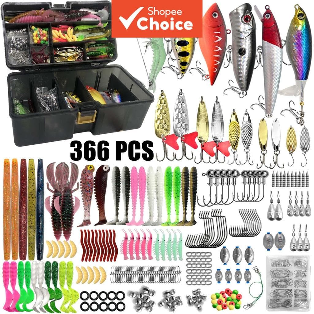 Kit de iscas de pesca, 87/137/366 peças, com caixa e bolsa de armazenamento, iscas macias e rígidas, anzóis, chumbadas