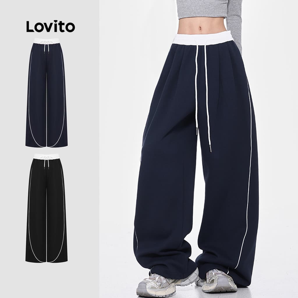 Lovito Casual Calça De Verão/Primavera Com Costura Em Tecido Liso E Cordão Para Mulheres L110AD1475
