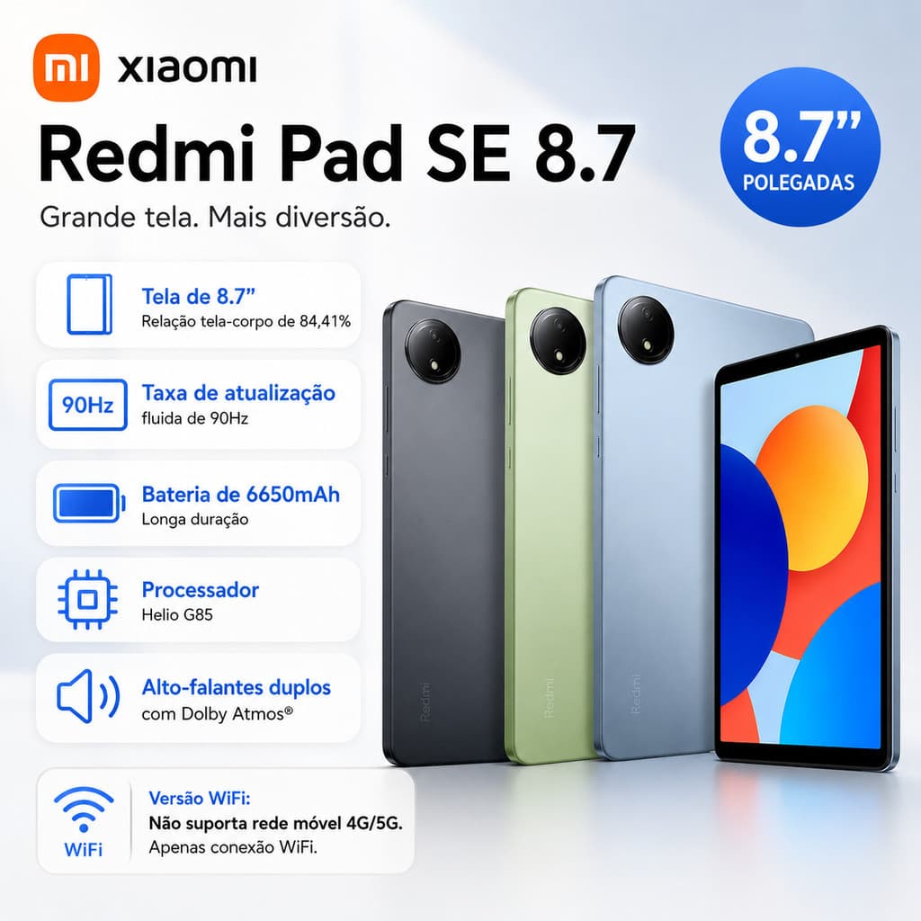 Tablet Xiaomi Redmi Pad SE 8.7 Wi-Fi 4GB/6GB RAM 64GB/128GB Tela 90Hz Bateria 6650mAh Original
