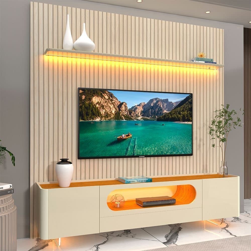 Rack com Painel Ripado para TV até 90 Polegadas 100% MDF com LED 224CMX310,5cm 1 Gaveta  ​2 Portas Vidro Requinte Nobre