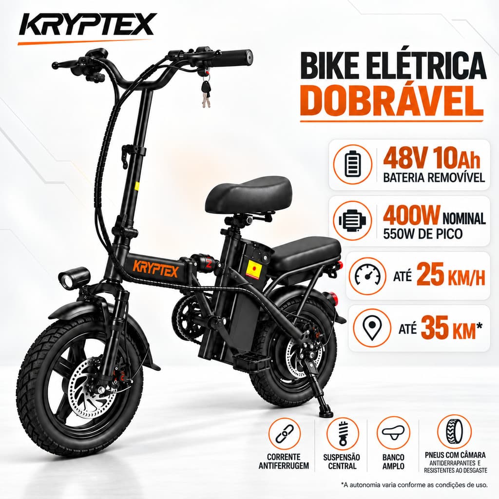 E-Bike Elétrica KRYPTEX 400W Dobrável com Bateria 48V 10Ah Removível Bicicleta Elétrica Adulto Suspensão Dupla 25km/h