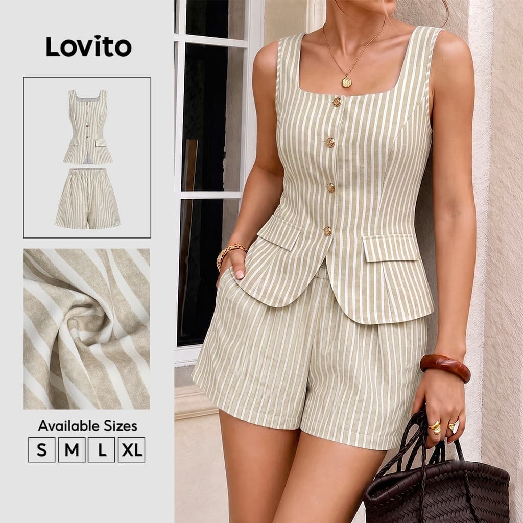 Lovito Tops ou Bottoms Casuais Bolso de Fivela Metálica Bolso Falso Top Caqui para Mulheres SHK8BR234