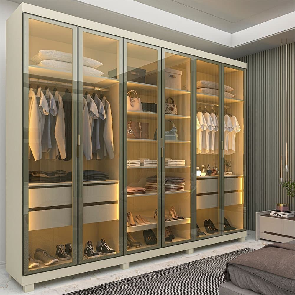 Guarda-Roupa Casal 6 Portas, com 6 Portas Reflecta com Pés ​com LED Imperatriz 100% MDF Yescasa Off White Off White