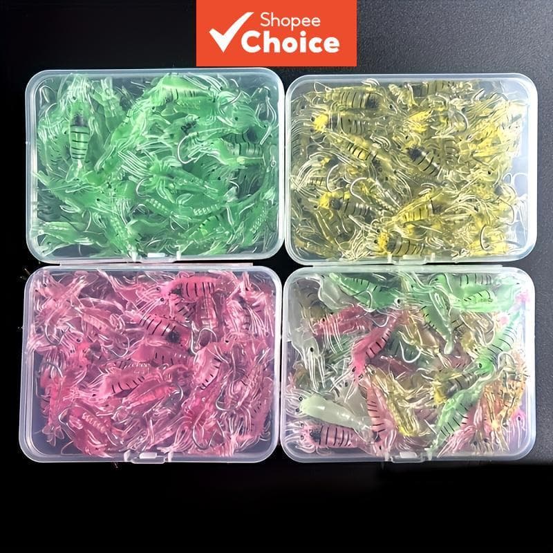 Conjunto de 50 iscas luminosas de camarão, isca de silicone macia com anzol, isca que brilha para pesca noturna