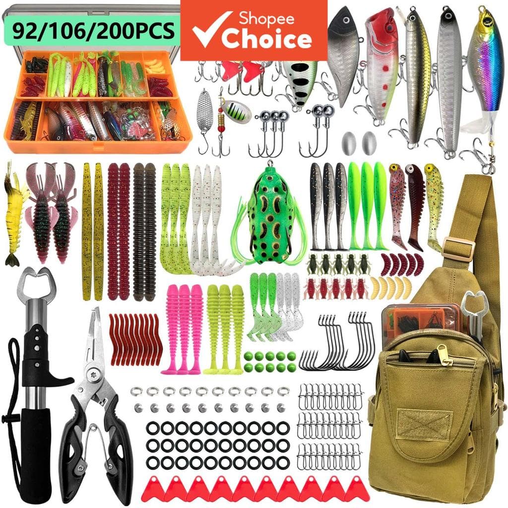 Kit Iscas de Pesca 92/106/200 peças Iscas Macias e Duras Anzóis Caixa