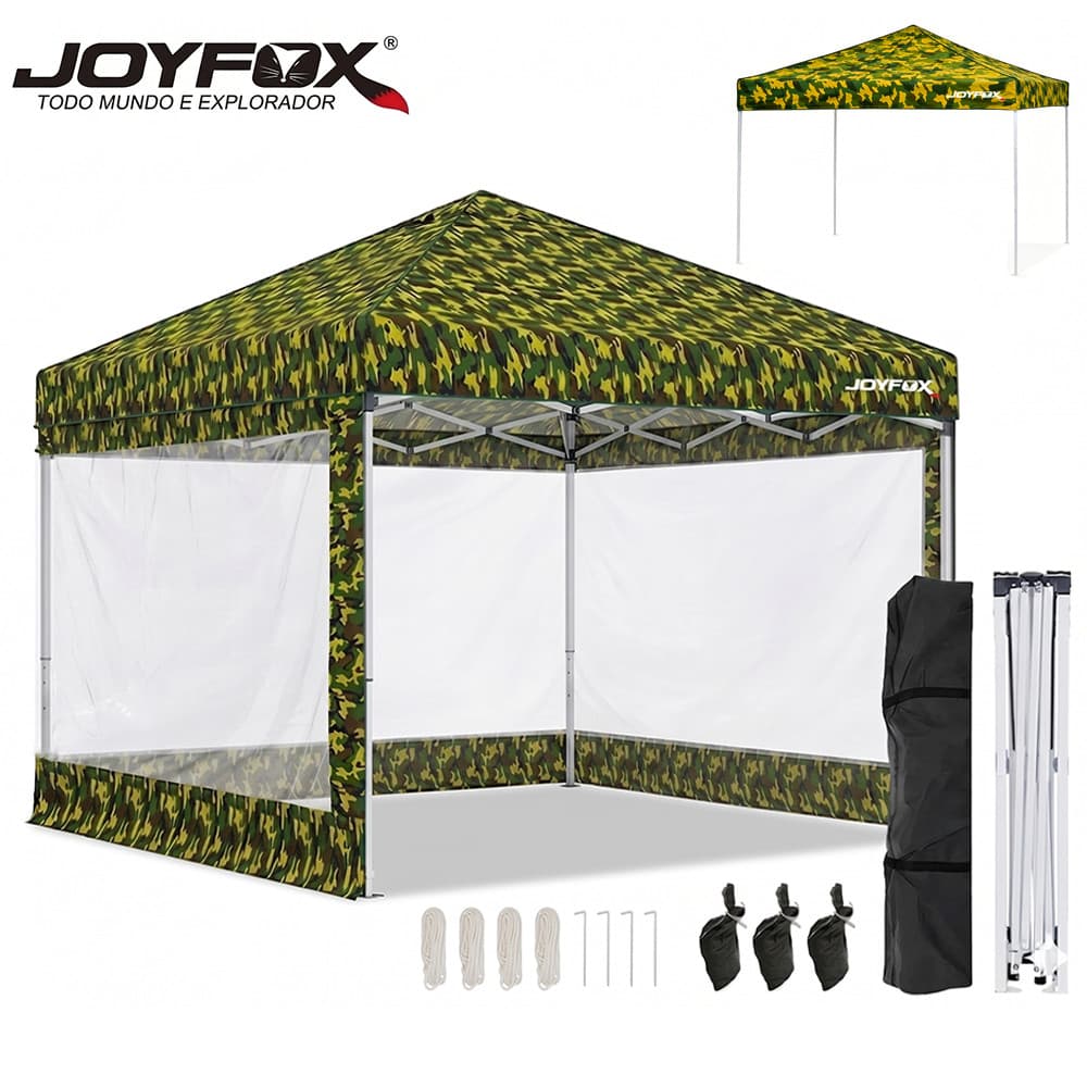 Tenda Gazebo Dobrável 3x3m Camuflada com Laterais Transparente Impermeável Camping Festa Jardim