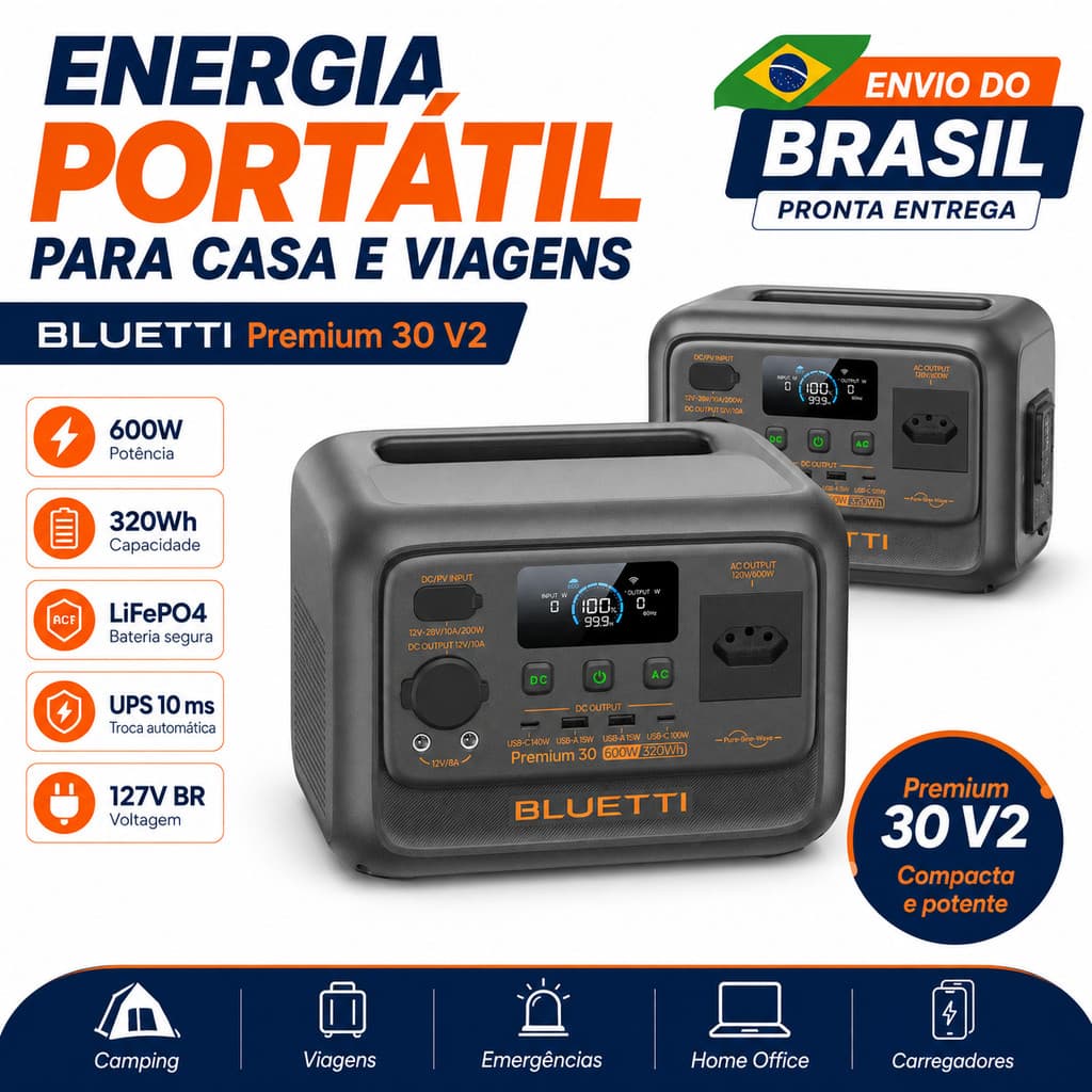 BLUETTI Premium 30 V2 Estação de Energia Portátil 600W 320Wh 127V LiFePO4 UPS Gerador Solar