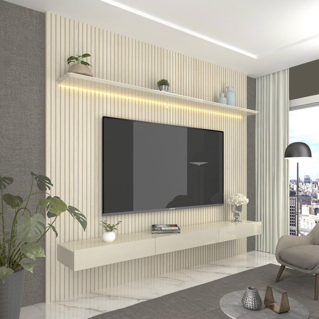 Painel para TV até 90 Polegadas com LED 100% MDF 224CMX250CM  Impressão Ripada com Gaveta Requinte Branco Off White