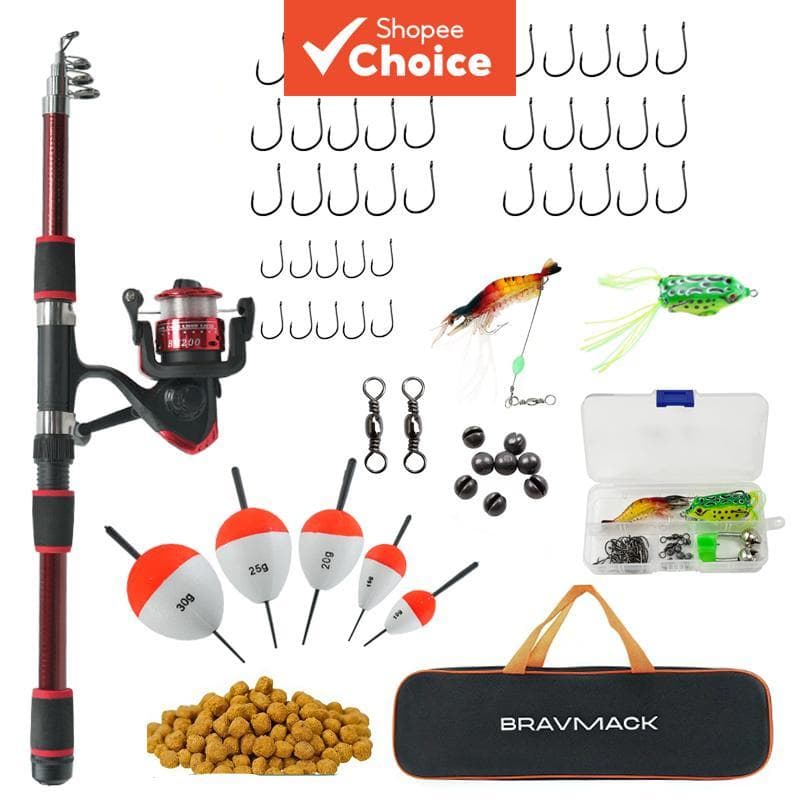 Conjunto completo de equipamento de pesca BRAVMACK: 1 vara de pesca (1,80 m) + 1 carretilha + acessórios