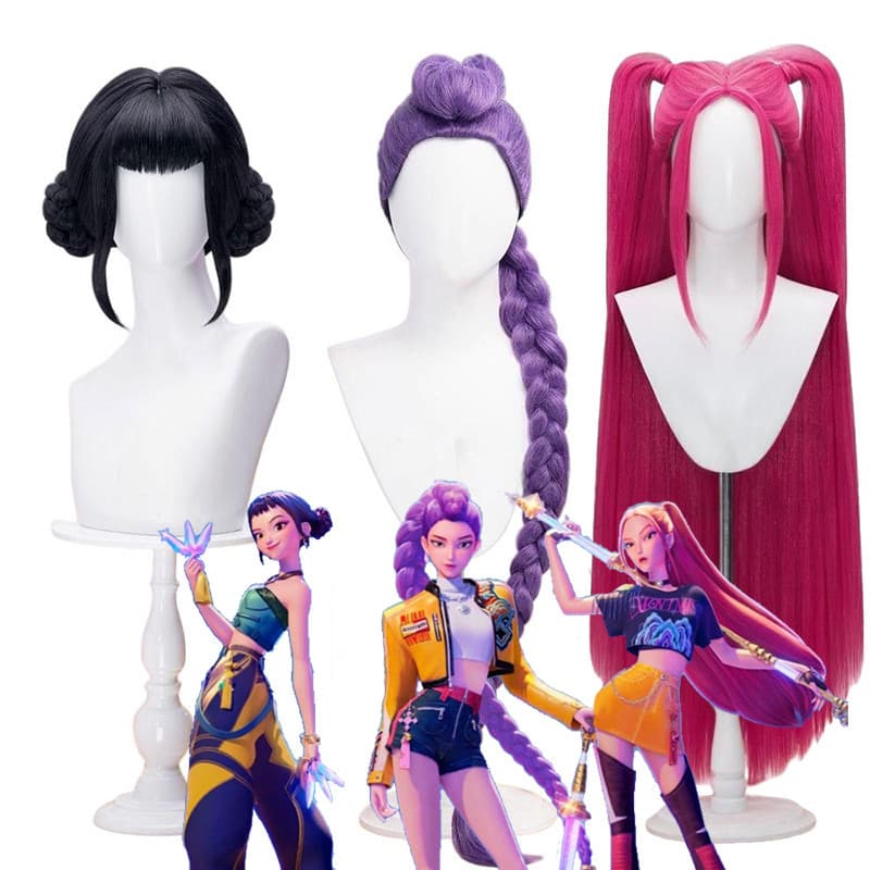Peruca Guerreiras do Kpop Cosplay Peruca Mira Rumi Zoe Caçadores Roxo Preto Vermelho Cabelo Longo