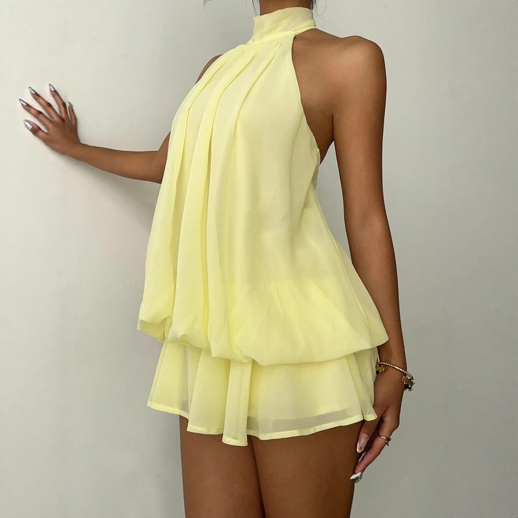 Vestido de Férias Elegante e Sexy, Sem Costas, Decote Halter, Cintura com Laço, Versátil, em Cor Sólida